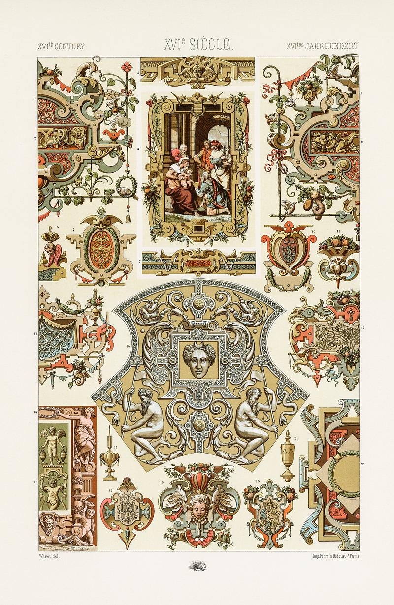 16th Century pattern from L'ornement Polychrome (1888) by Albert Racinet (1825–1893). Digitally enhanced from our own original 1888 edition. 16th Century pattern from L'ornement Polychrome (1888) by Albert Racinet (1825–1893). Digitally enhanced from our own…
