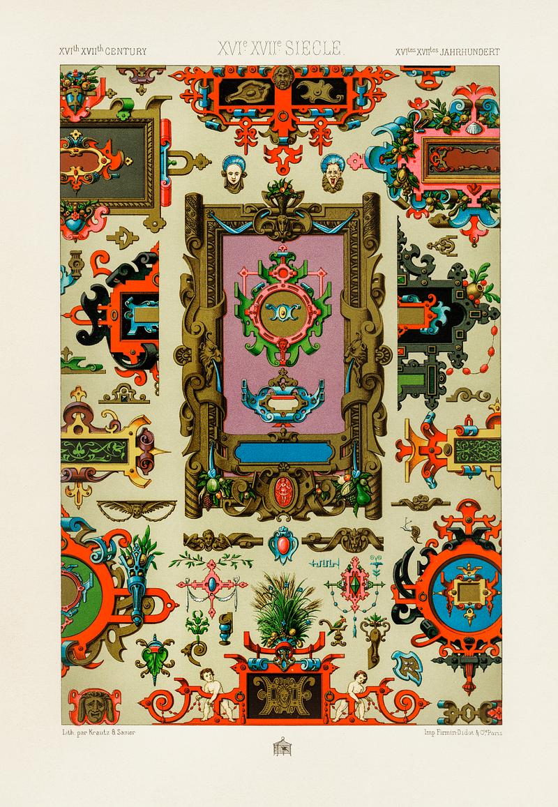 16th and 17th Century pattern from L'ornement Polychrome (1888) by Albert Racinet (1825–1893). Digitally enhanced from our own original 1888 edition. 16th and 17th Century pattern from L'ornement Polychrome (1888) by Albert Racinet (1825–1893). Digitally enhanced from…