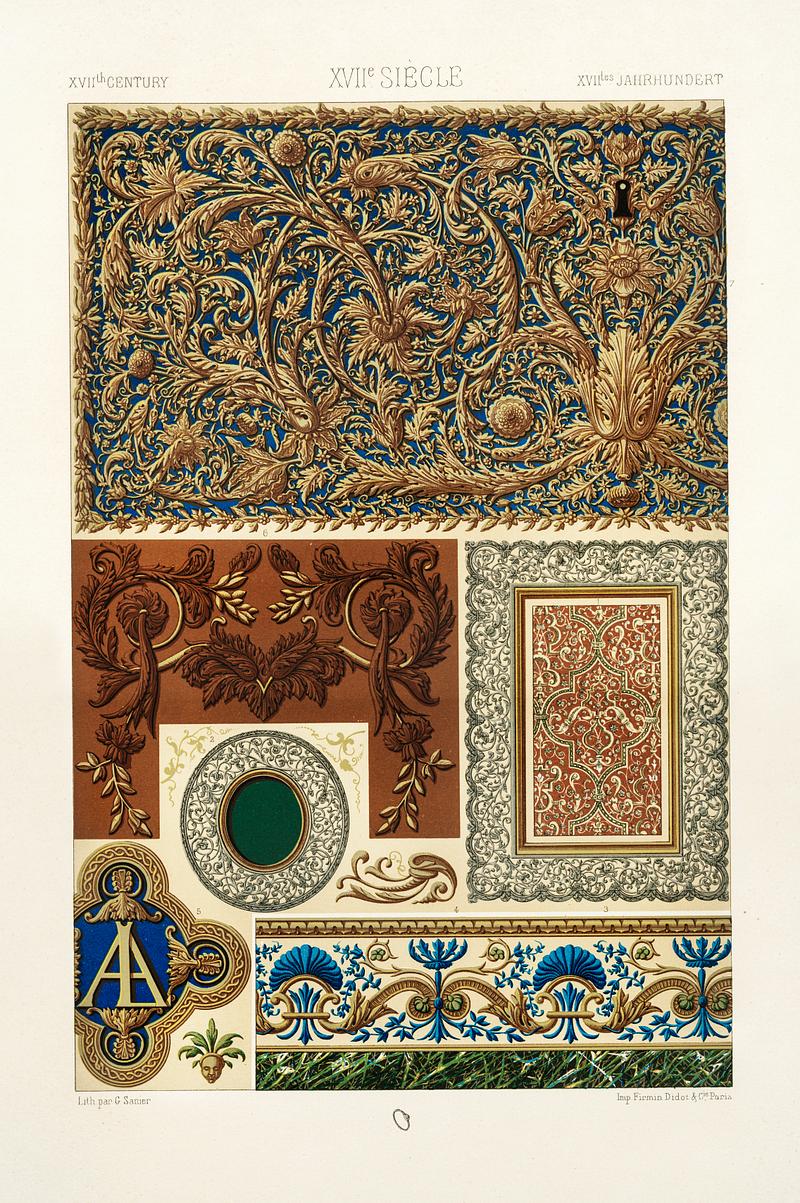 17th Century pattern from L'ornement Polychrome (1888) by Albert Racinet (1825–1893). Digitally enhanced from our own original 1888 edition. 17th Century pattern from L'ornement Polychrome (1888) by Albert Racinet (1825–1893). Digitally enhanced from our own…