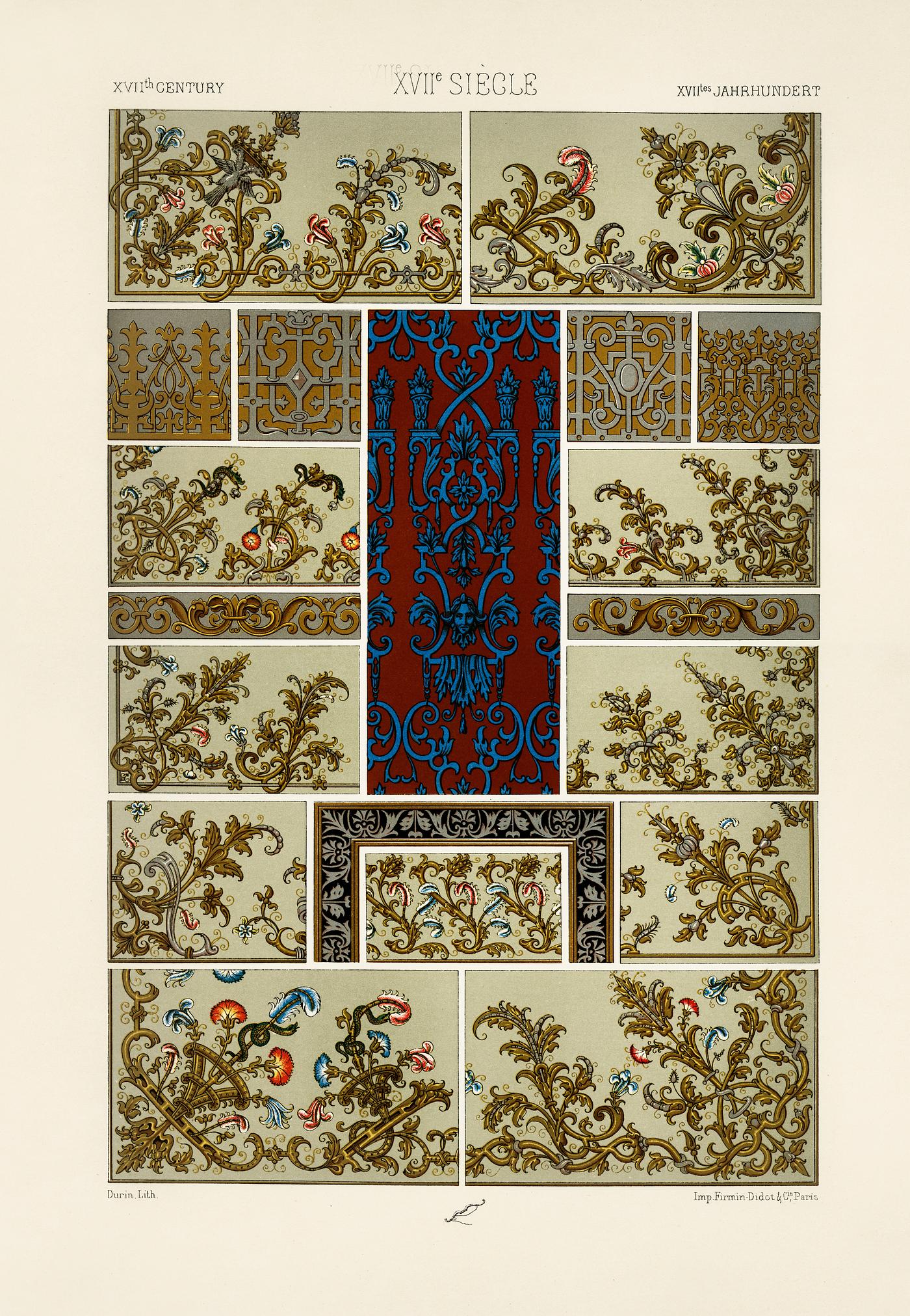 17th Century pattern from L'ornement Polychrome (1888) by Albert Racinet (1825–1893). Digitally enhanced from our... 17th Century pattern from L'ornement Polychrome (1888) by Albert Racinet (1825–1893). Digitally enhanced from our...