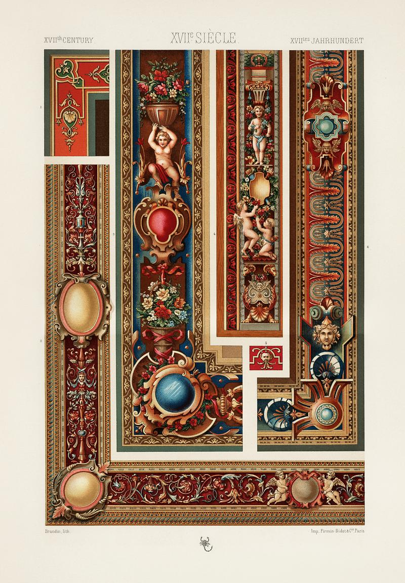 17th Century pattern from L'ornement Polychrome (1888) by Albert Racinet (1825–1893). Digitally enhanced from our own original 1888 edition. 17th Century pattern from L'ornement Polychrome (1888) by Albert Racinet (1825–1893). Digitally enhanced from our own…