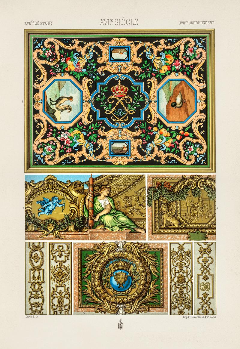 17th Century pattern from L'ornement Polychrome (1888) by Albert Racinet (1825–1893). Digitally enhanced from our own original 1888 edition. 17th Century pattern from L'ornement Polychrome (1888) by Albert Racinet (1825–1893). Digitally enhanced from our own…