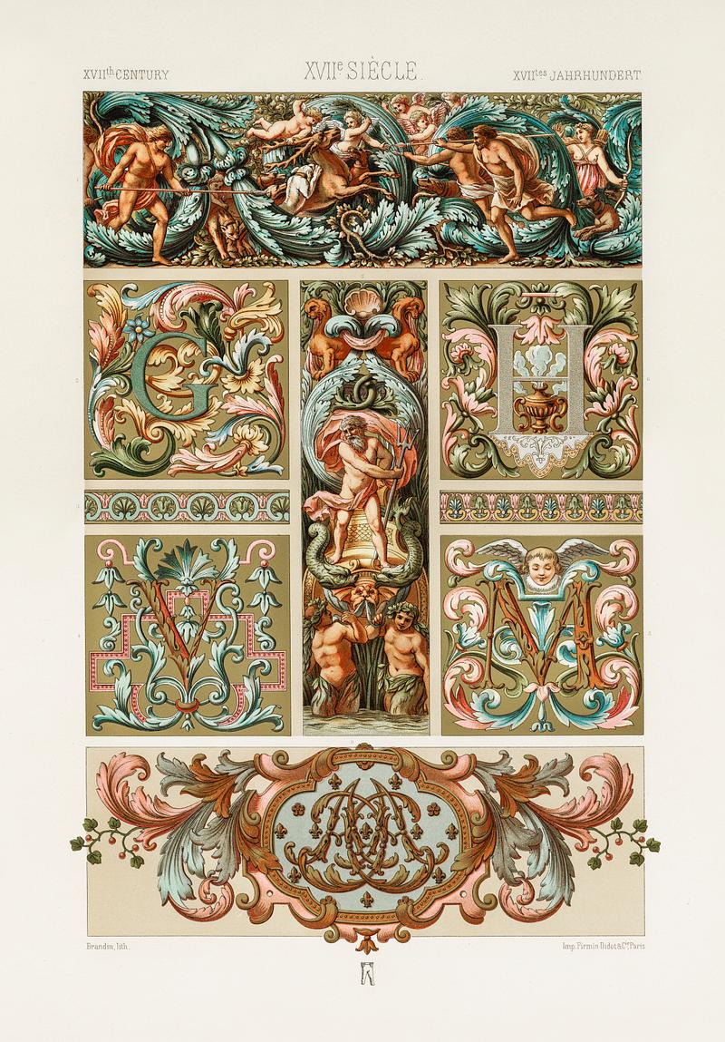 17th Century pattern from L'ornement Polychrome (1888) by Albert Racinet (1825–1893). Digitally enhanced from our own original 1888 edition. 17th Century pattern from L'ornement Polychrome (1888) by Albert Racinet (1825–1893). Digitally enhanced from our own…