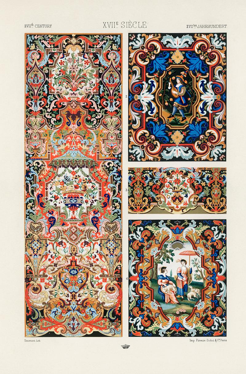 17th Century pattern from L'ornement Polychrome (1888) by Albert Racinet (1825–1893). Digitally enhanced from our own original 1888 edition. 17th Century pattern from L'ornement Polychrome (1888) by Albert Racinet (1825–1893). Digitally enhanced from our own…
