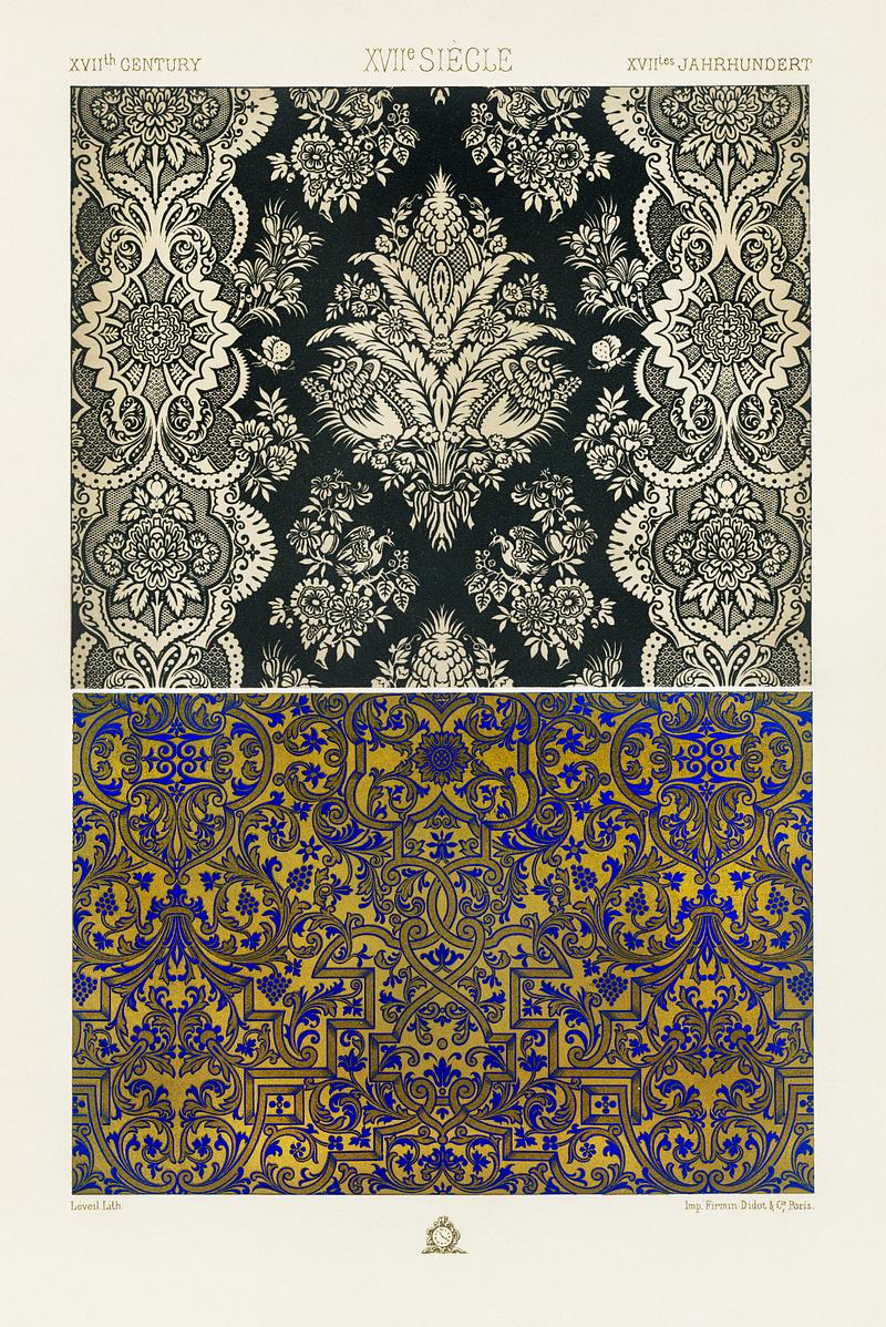 17th Century pattern from L'ornement Polychrome (1888) by Albert Racinet (1825–1893). Digitally enhanced from our own original 1888 edition. 17th Century pattern from L'ornement Polychrome (1888) by Albert Racinet (1825–1893). Digitally enhanced from our own…
