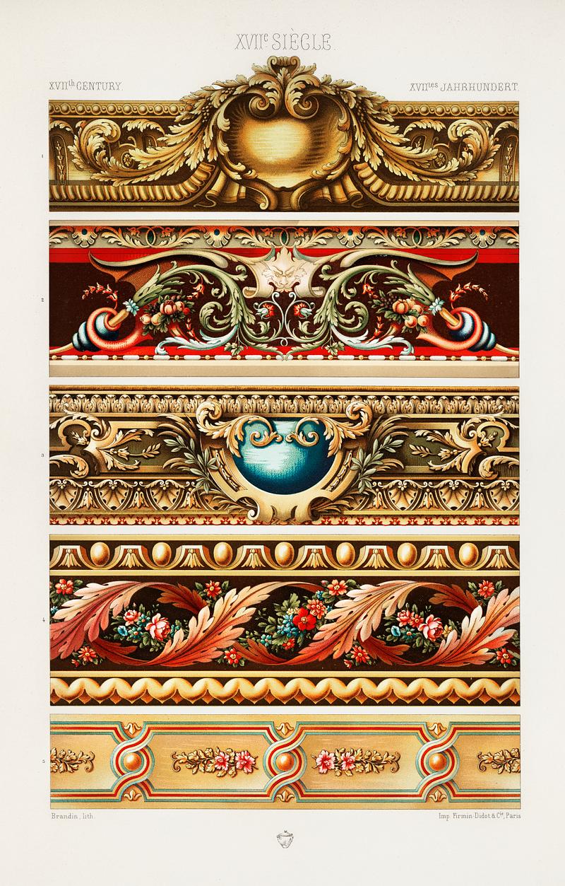 17th Century pattern from L'ornement Polychrome (1888) by Albert Racinet (1825–1893). Digitally enhanced from our own original 1888 edition. 17th Century pattern from L'ornement Polychrome (1888) by Albert Racinet (1825–1893). Digitally enhanced from our own…