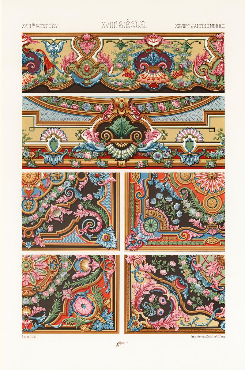 18th Century pattern from L'ornement Polychrome (1888) by Albert Racinet (1825–1893). Digitally enhanced from our own original 1888 edition. 18th Century pattern from L'ornement Polychrome (1888) by Albert Racinet (1825–1893). Digitally enhanced from our own…