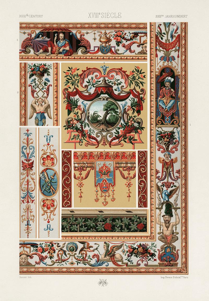 18th Century pattern from L'ornement Polychrome (1888) by Albert Racinet (1825–1893). Digitally enhanced from our own original 1888 edition. 18th Century pattern from L'ornement Polychrome (1888) by Albert Racinet (1825–1893). Digitally enhanced from our own…