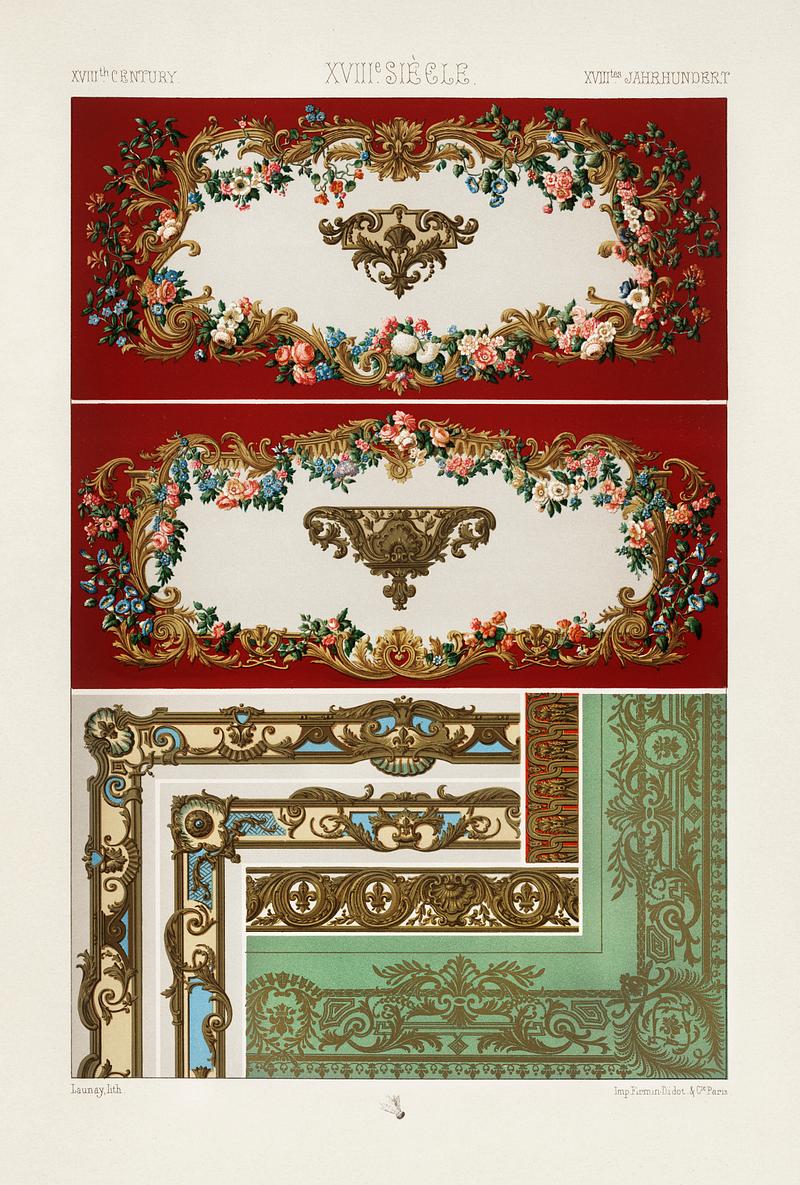 18th Century pattern from L'ornement Polychrome (1888) by Albert Racinet (1825–1893). Digitally enhanced from our own original 1888 edition. 18th Century pattern from L'ornement Polychrome (1888) by Albert Racinet (1825–1893). Digitally enhanced from our own…