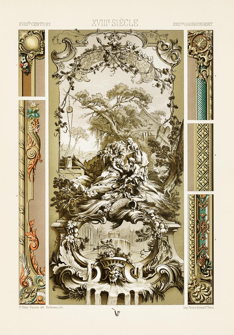 18th Century pattern from L'ornement Polychrome (1888) by Albert Racinet (1825–1893). Digitally enhanced from our own original 1888 edition. 18th Century pattern from L'ornement Polychrome (1888) by Albert Racinet (1825–1893). Digitally enhanced from our own…