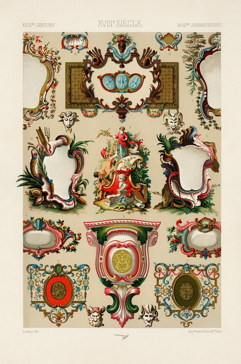18th Century pattern from L'ornement Polychrome (1888) by Albert Racinet (1825–1893). Digitally enhanced from our own original 1888 edition. 18th Century pattern from L'ornement Polychrome (1888) by Albert Racinet (1825–1893). Digitally enhanced from our own…