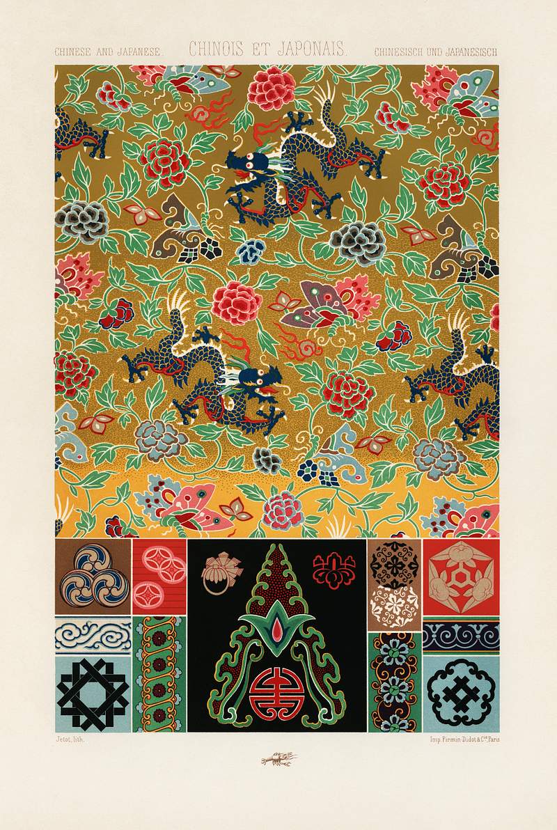 Chinese and Japanese pattern from L'ornement Polychrome (1888) by Albert Racinet (1825–1893). Digitally enhanced from…