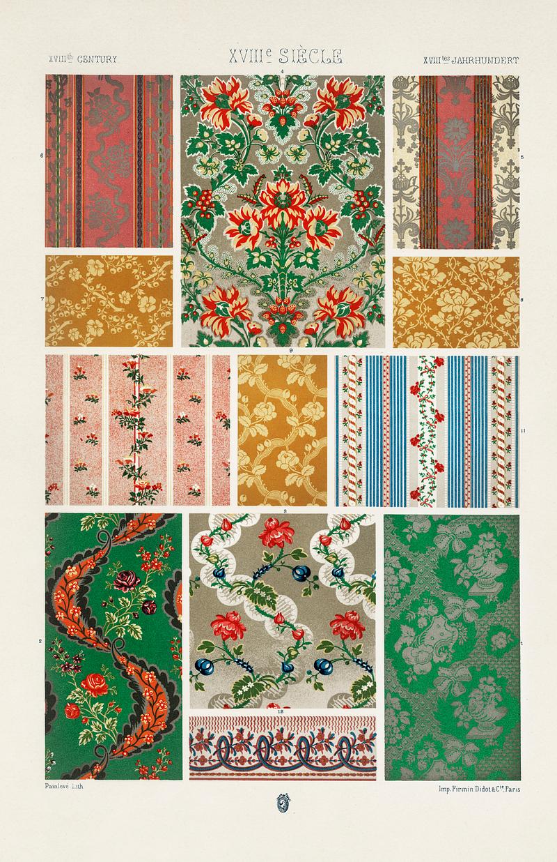 18th Century pattern from L'ornement Polychrome (1888) by Albert Racinet (1825–1893). Digitally enhanced from our own original 1888 edition. 18th Century pattern from L'ornement Polychrome (1888) by Albert Racinet (1825–1893). Digitally enhanced from our own…