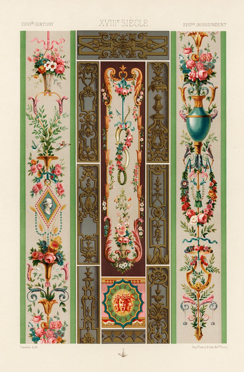 18th Century pattern from L'ornement Polychrome (1888) by Albert Racinet (1825–1893). Digitally enhanced from our own original 1888 edition. 18th Century pattern from L'ornement Polychrome (1888) by Albert Racinet (1825–1893). Digitally enhanced from our own…