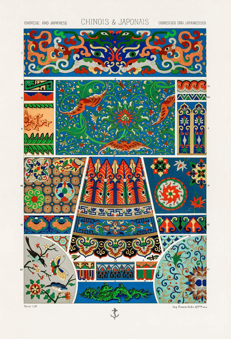 Chinese and Japanese pattern from L'ornement Polychrome (1888) by Albert Racinet (1825–1893). Digitally enhanced from…