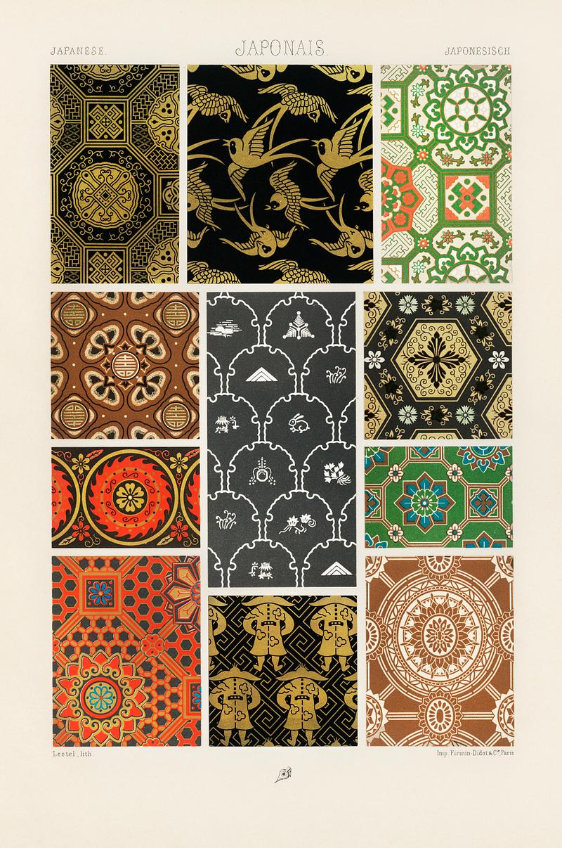 Japanese pattern from L'ornement Polychrome (1888) by Albert Racinet (1825–1893). Digitally enhanced from our own original 1888 edition. Japanese pattern from L'ornement Polychrome (1888) by Albert Racinet (1825–1893). Digitally enhanced from our own…