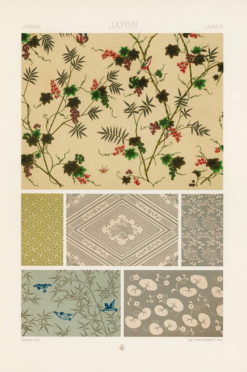 Japan pattern from L'ornement Polychrome (1888) by Albert Racinet (1825–1893). Digitally enhanced from our own original…