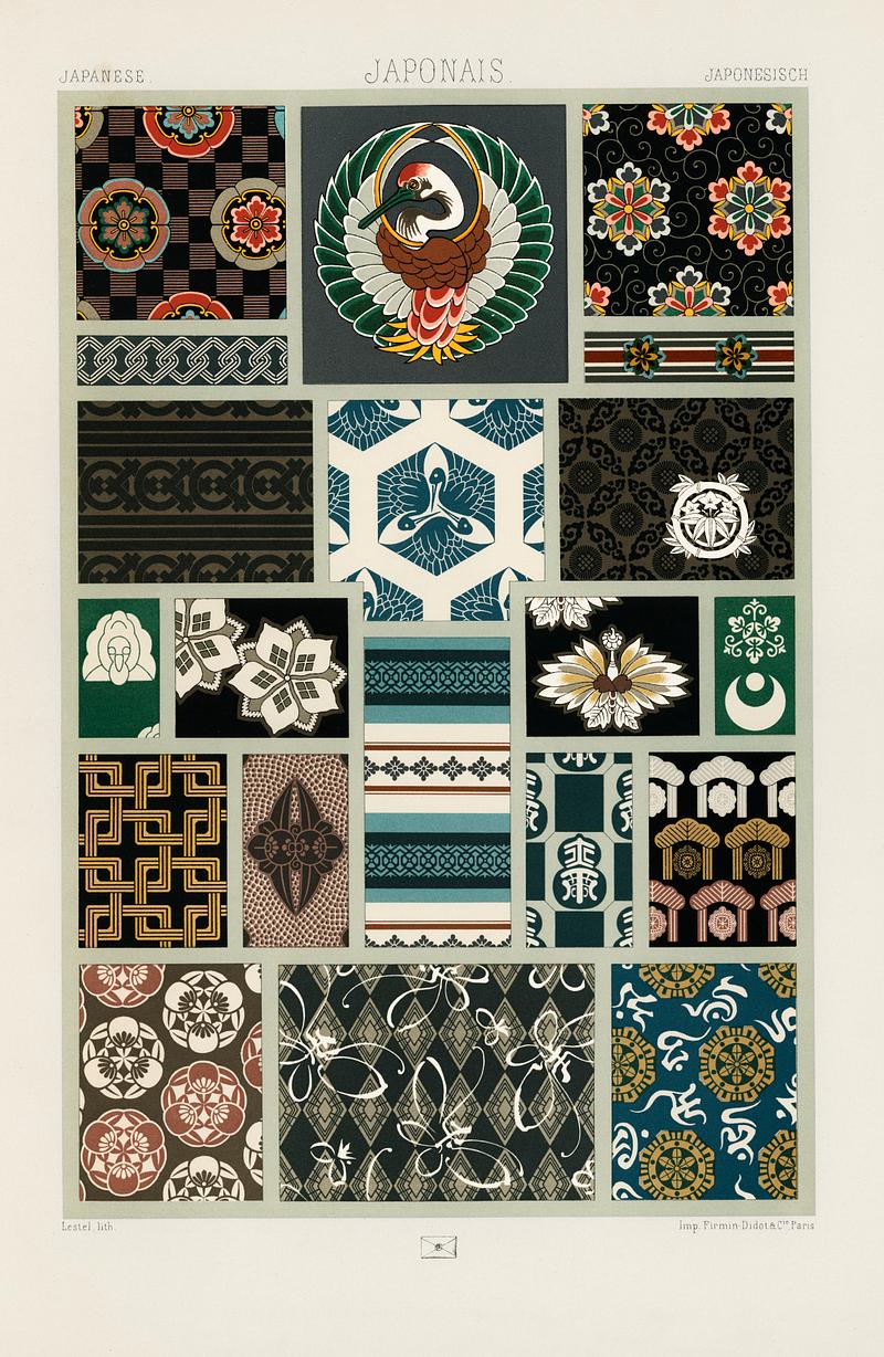 Japanese pattern from L'ornement Polychrome (1888) by Albert Racinet (1825–1893). Digitally enhanced from our own original 1888 edition. Japanese pattern from L'ornement Polychrome (1888) by Albert Racinet (1825–1893). Digitally enhanced from our own…