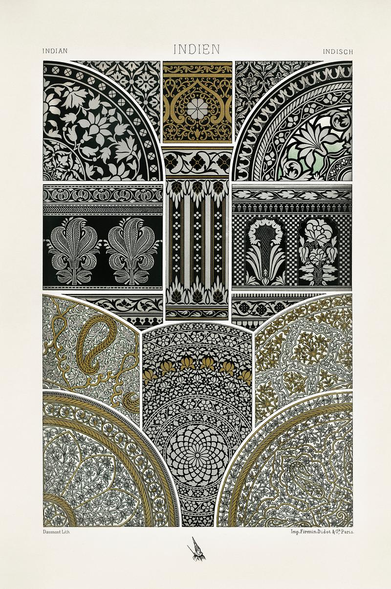 Indian pattern from L'ornement Polychrome (1888) by Albert Racinet (1825–1893). Digitally enhanced from our own original 1888 edition. Indian pattern from L'ornement Polychrome (1888) by Albert Racinet (1825–1893). Digitally enhanced from our own…