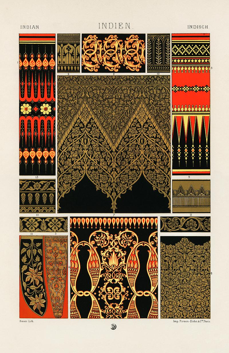 Indian pattern from L'ornement Polychrome (1888) by Albert Racinet (1825–1893). Digitally enhanced from our own original 1888 edition. Indian pattern from L'ornement Polychrome (1888) by Albert Racinet (1825–1893). Digitally enhanced from our own…