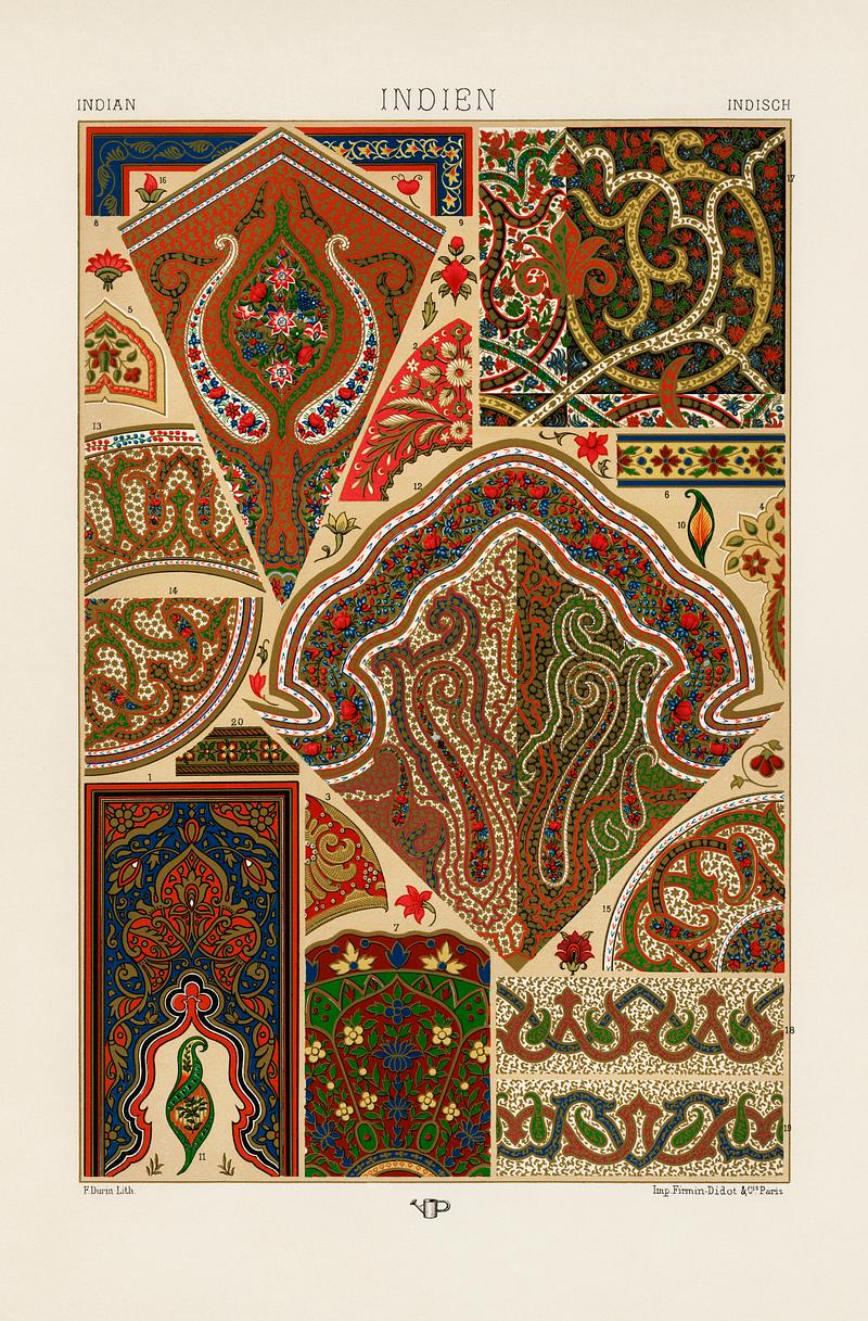 Indian pattern from L'ornement Polychrome (1888) by Albert Racinet (1825–1893). Digitally enhanced from our own original 1888 edition. Indian pattern from L'ornement Polychrome (1888) by Albert Racinet (1825–1893). Digitally enhanced from our own…