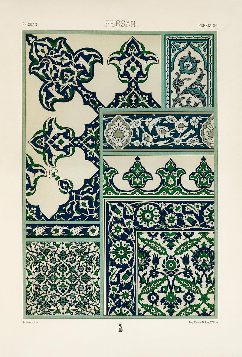 Persian pattern from L'ornement Polychrome (1888) by Albert Racinet (1825–1893). Digitally enhanced from our own original 1888 edition. Persian pattern from L'ornement Polychrome (1888) by Albert Racinet (1825–1893). Digitally enhanced from our own…