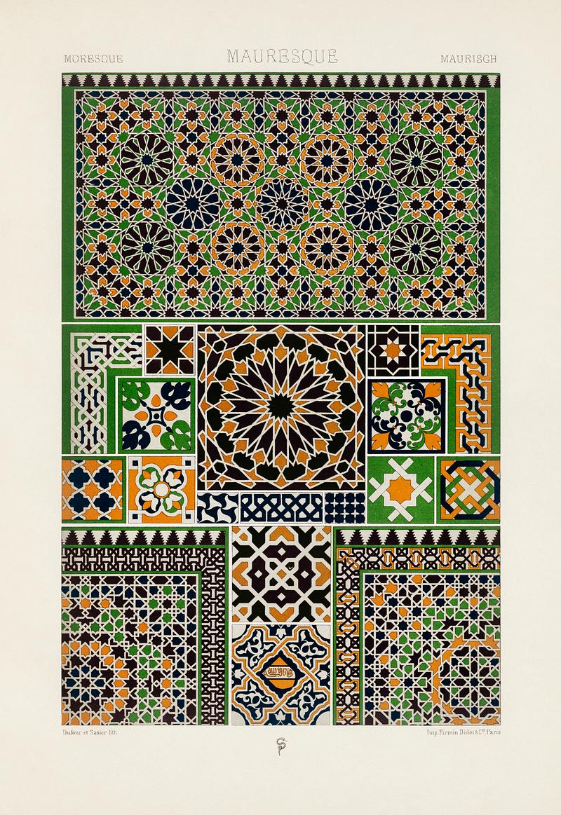 Moresque pattern from L'ornement Polychrome (1888) by Albert Racinet (1825–1893). Digitally enhanced from our own original 1888 edition. Moresque pattern from L'ornement Polychrome (1888) by Albert Racinet (1825–1893). Digitally enhanced from our own…