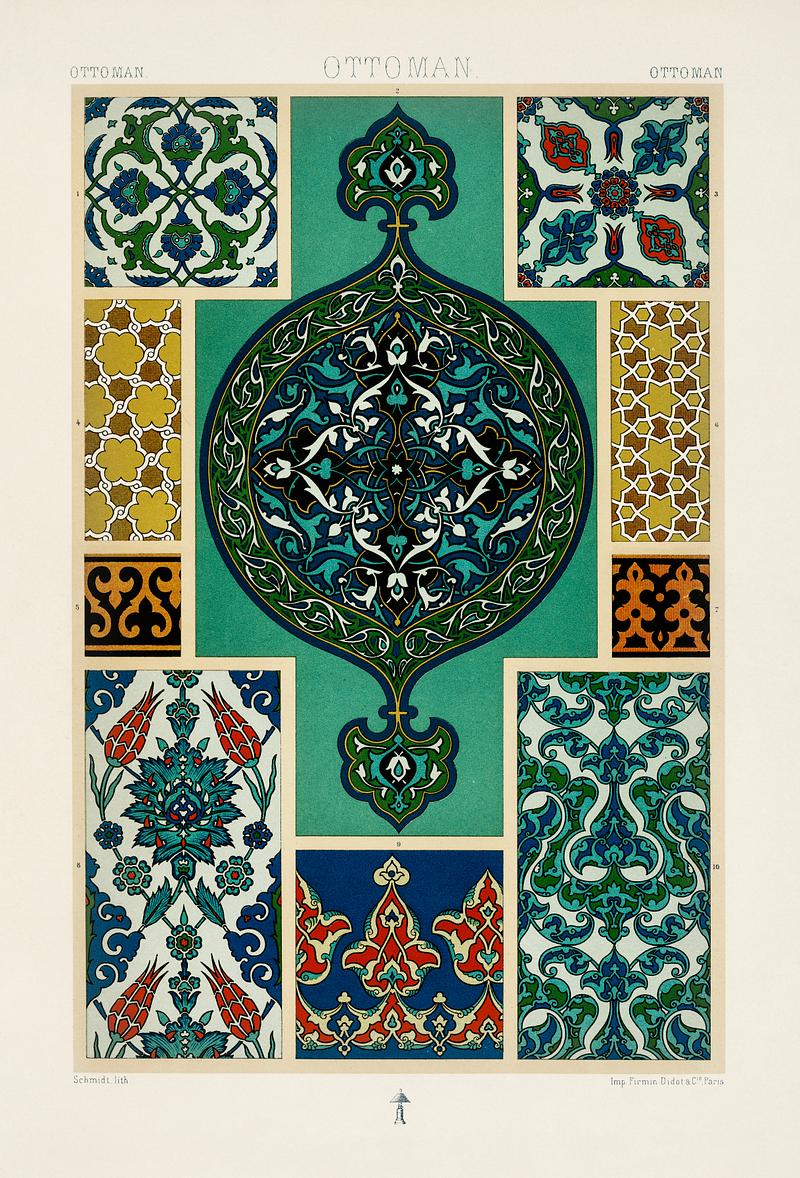 Ottoman pattern from L'ornement Polychrome (1888) by Albert Racinet (1825–1893). Digitally enhanced from our own original 1888 edition. Ottoman pattern from L'ornement Polychrome (1888) by Albert Racinet (1825–1893). Digitally enhanced from our own…