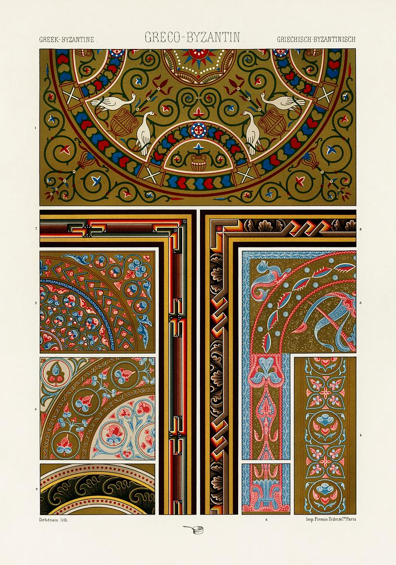 Greek-Byzantine pattern from L'ornement Polychrome (1888) by Albert Racinet (1825–1893). Digitally enhanced from our own original 1888 edition. Greek-Byzantine pattern from L'ornement Polychrome (1888) by Albert Racinet (1825–1893). Digitally enhanced from our…