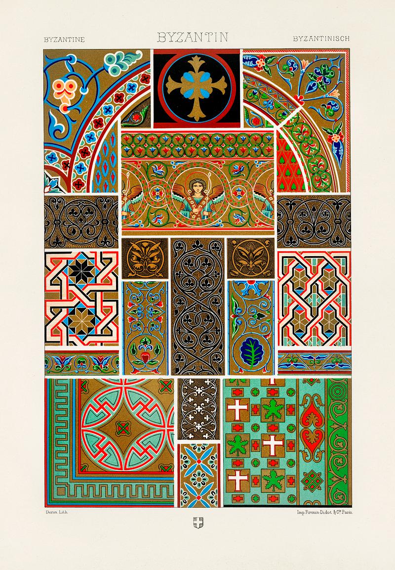 Byzantine pattern from L'ornement Polychrome (1888) by Albert Racinet (1825–1893). Digitally enhanced from our own original 1888 edition. Byzantine pattern from L'ornement Polychrome (1888) by Albert Racinet (1825–1893). Digitally enhanced from our own…