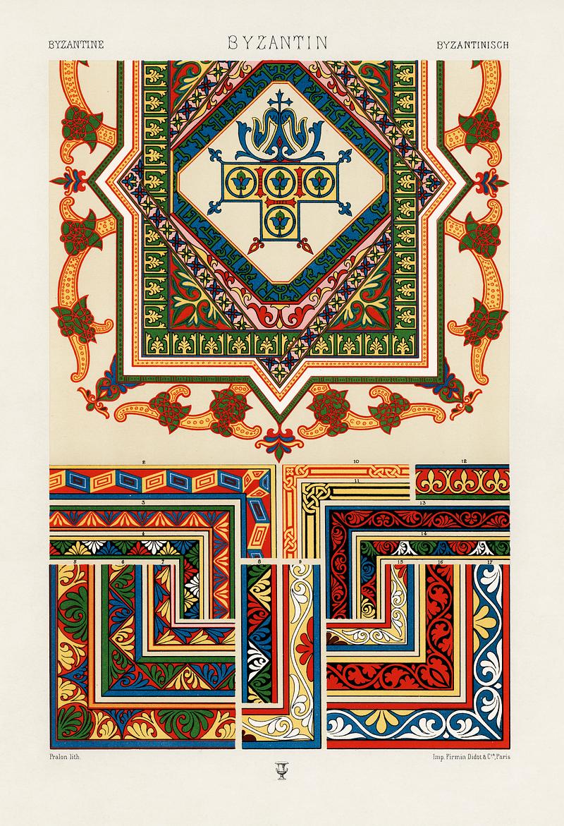 Byzantine pattern from L'ornement Polychrome (1888) by Albert Racinet (1825–1893). Digitally enhanced from our own original 1888 edition. Byzantine pattern from L'ornement Polychrome (1888) by Albert Racinet (1825–1893). Digitally enhanced from our own…