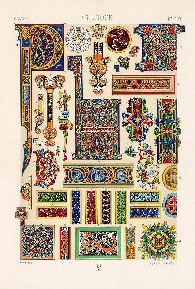 Celtic pattern from L'ornement Polychrome (1888) by Albert Racinet (1825–1893). Digitally enhanced from our own original 1888 edition. Celtic pattern from L'ornement Polychrome (1888) by Albert Racinet (1825–1893). Digitally enhanced from our own…