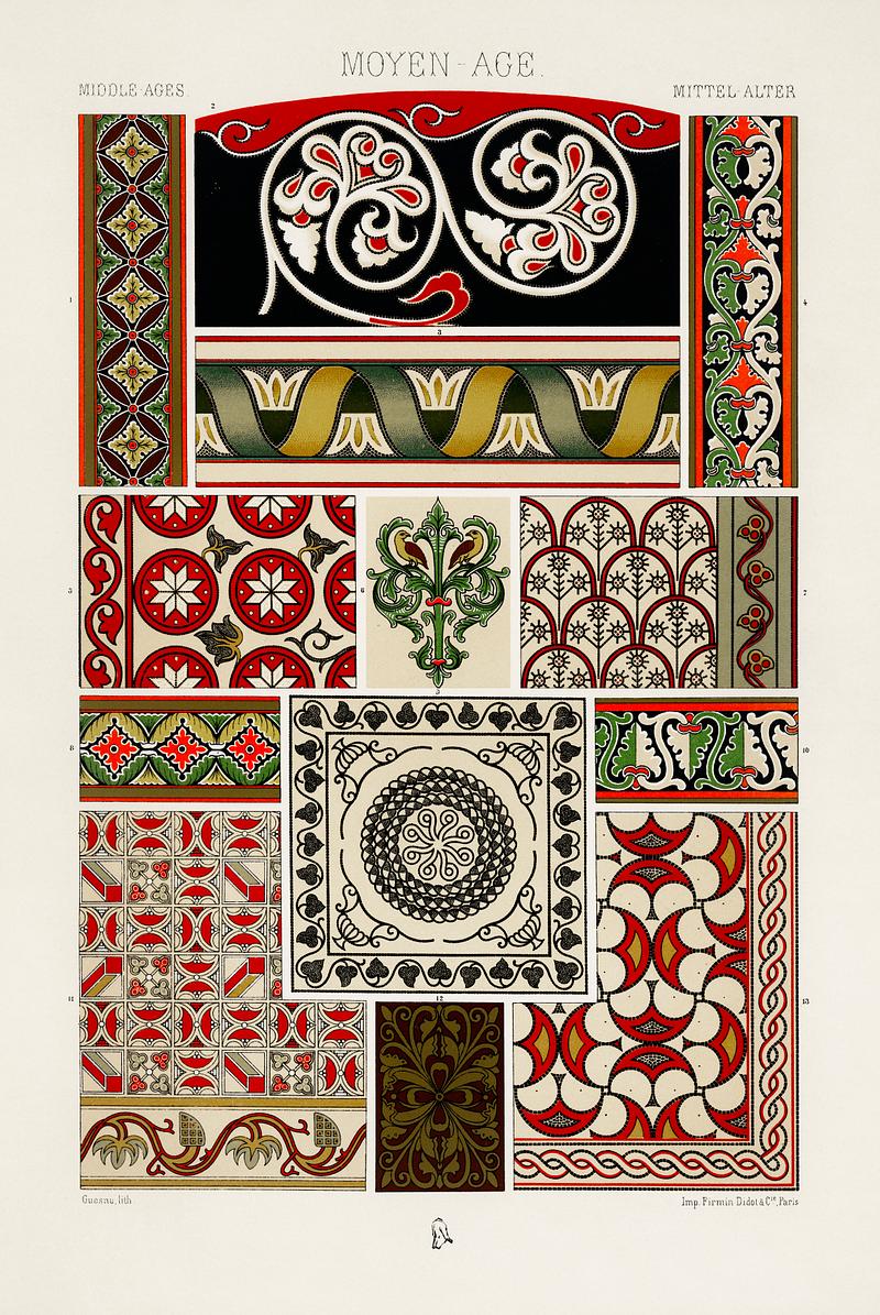 Middle-Ages pattern from L'ornement Polychrome (1888) by Albert Racinet (1825–1893). Digitally enhanced from our own original 1888 edition. Middle-Ages pattern from L'ornement Polychrome (1888) by Albert Racinet (1825–1893). Digitally enhanced from our own…