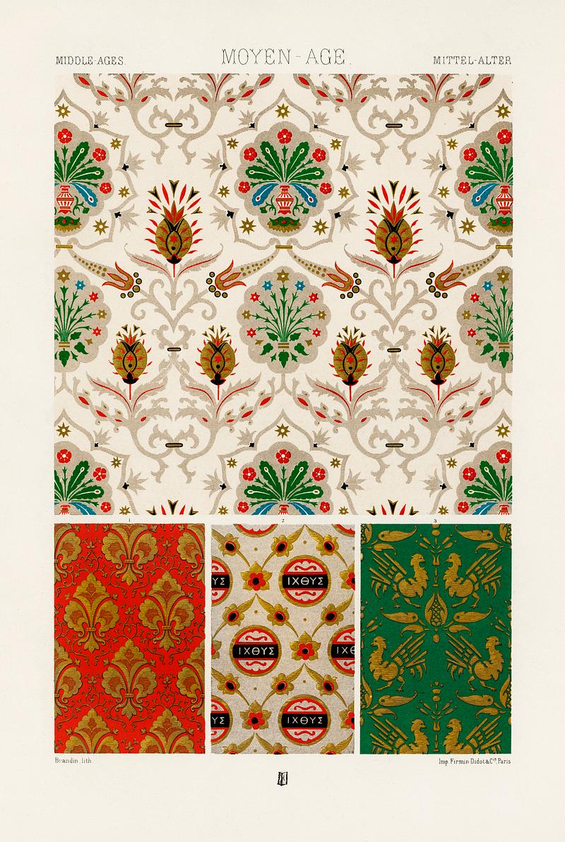 Middle-Ages pattern from L'ornement Polychrome (1888) by Albert Racinet (1825–1893). Digitally enhanced from our own original 1888 edition. Middle-Ages pattern from L'ornement Polychrome (1888) by Albert Racinet (1825–1893). Digitally enhanced from our own…