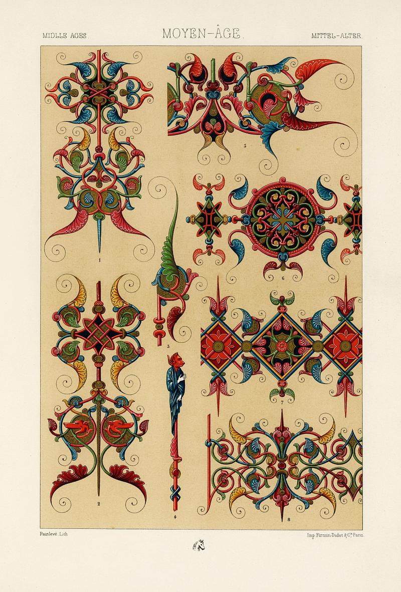 Middle-Ages pattern from L'ornement Polychrome (1888) by Albert Racinet (1825–1893). Digitally enhanced from our own original 1888 edition. Middle-Ages pattern from L'ornement Polychrome (1888) by Albert Racinet (1825–1893). Digitally enhanced from our own…