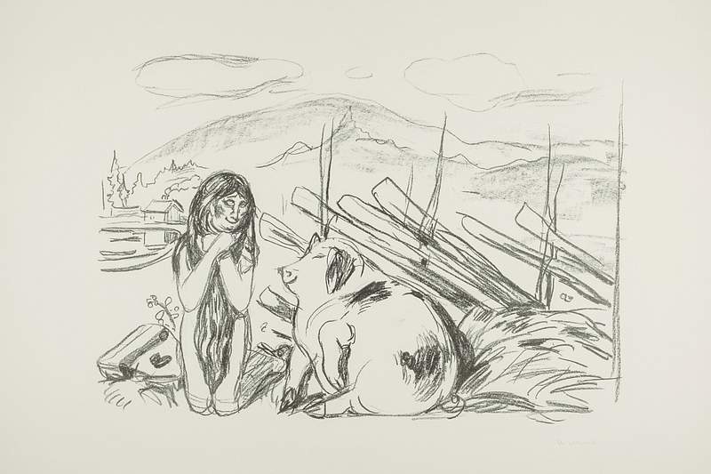 Omega and the Pig (ca. 1908–1909) by Edvard Munch. Original from The Art Institute of Chicago. Digitally enhanced by…