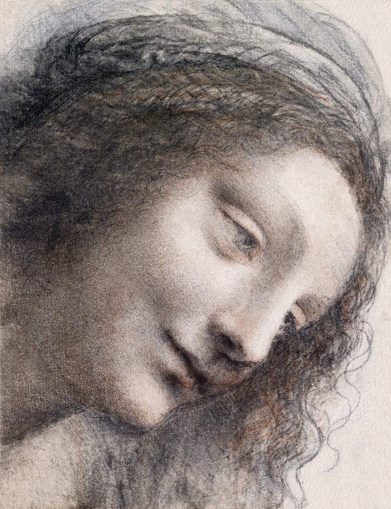 The Head of the Virgin in Three-Quarter View Facing Right (ca. 1510–1513) drawing in high resolution by Leonardo da…