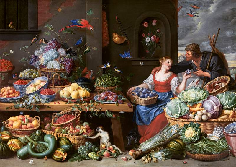 Fruit and Vegetable Market with a Young Fruit Seller (1650–1660) painting in high resolution by Jan van Kessel.…