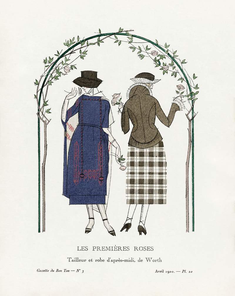 The first roses: Suit and afternoon dress, de Worth (1920) print in high resolution by Bernard Boutet de Monvel, published in…