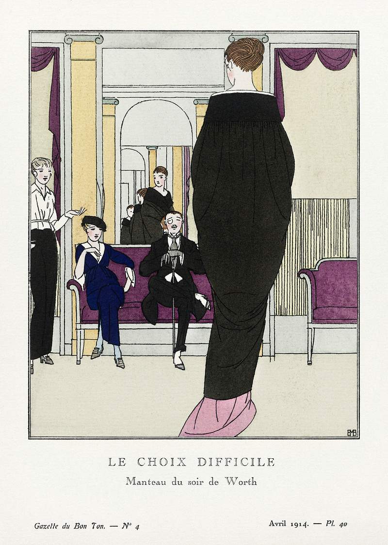 Le Choix Difficile: Manteau du soir de Worth (1914) fashion print in high resolution by Bernard Boutet de Monvel from Gazette…