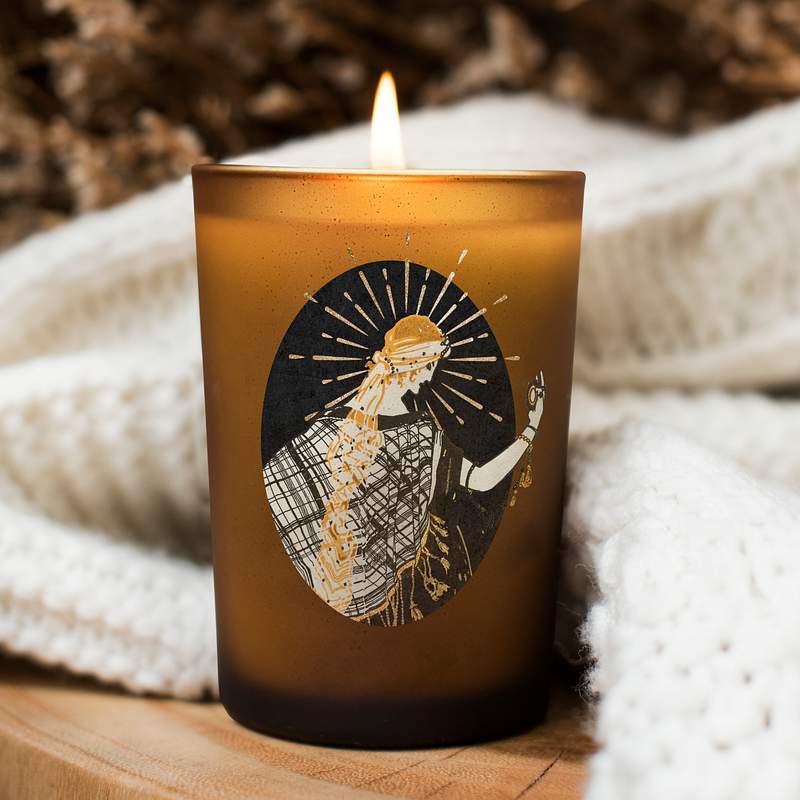 Candle label psd mockup with woman… | Royalty free stock photo | High Resolution image Candle label psd mockup with woman illustration remix from the artworks by Garcia Calderon