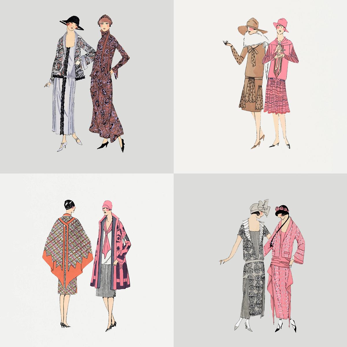 Woman vector in fashionable vintage dress… | Royalty free stock Illustration | High Resolution graphic Woman vector in fashionable vintage dress set, remixed from vintage illustration published in Très Parisien