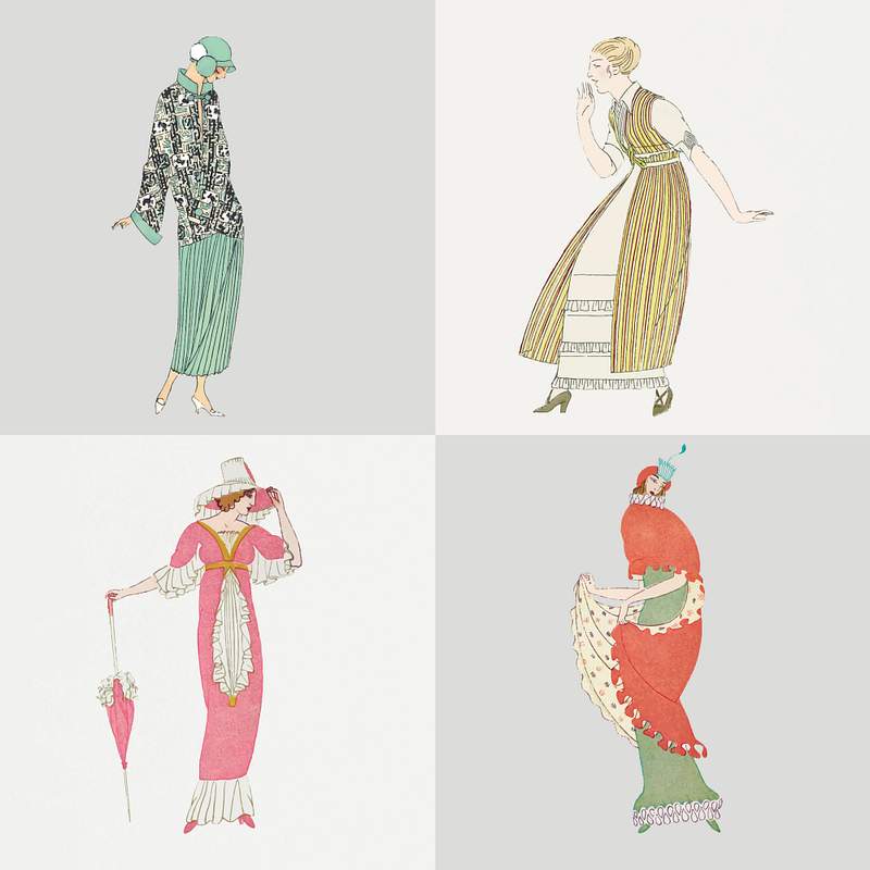 Woman vector in fashionable vintage dress… | Royalty free stock Illustration | High Resolution graphic Woman vector in fashionable vintage dress set, featuring public domain artworks