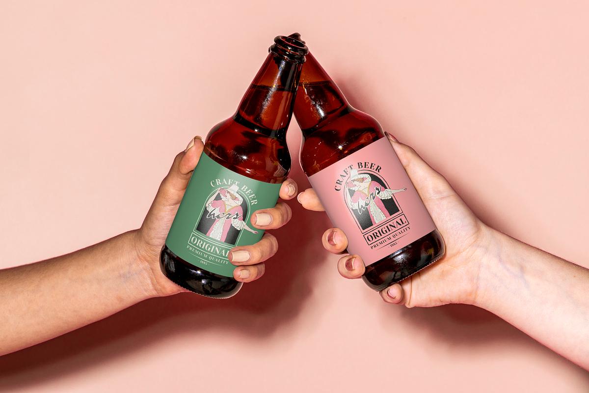 Bottles psd mockup of craft beer with pink… | Royalty free stock photo | High Resolution image Bottles psd mockup of craft beer with pink flapper dress illustration remix from the artworks by Otto Friedrich Carl Lendecke
