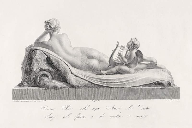 Back view of Venus reclining accompanied by… | Free public domain illustration Back view of Venus reclining accompanied by Cupid with a harp. from "Oeuvre de Canova: Recueil de Statues ..."(1817) by…