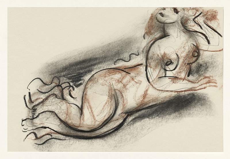 Naked woman showing her breasts, vintage nude illustration. Schetsblad met liggend vrouwelijk naakt (1891–1941) by Leo…