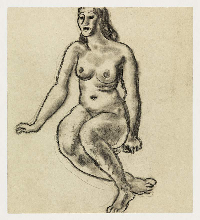 Naked woman showing her breasts, vintage nude illustration. Seated Female Nude (1891–1941) by Leo Gestel. Original from…
