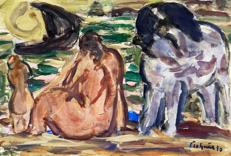 Twee naakte figuren en een paard aan de zee (1930) by Leo Gestel. Original from The Rijksmuseum. Digitally enhanced by…