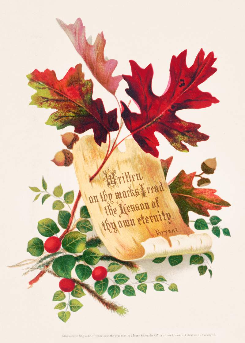 Autumn foliage, oak leaves with acorns, and a strip of birch bark on which is written a line of verse from the poem "Forest…