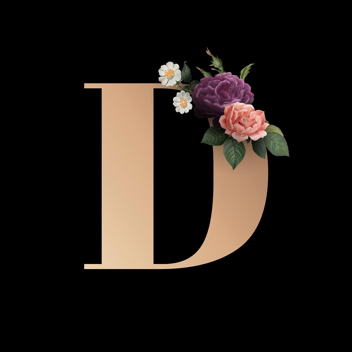 Floral letter D font Royalty free stock psd mockup High Resolution